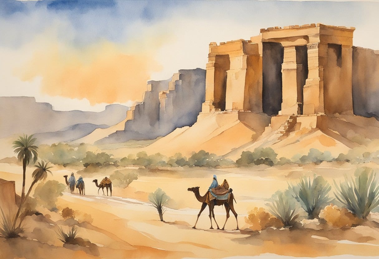 A desert landscape with ancient ruins, camels, and a woman exploring