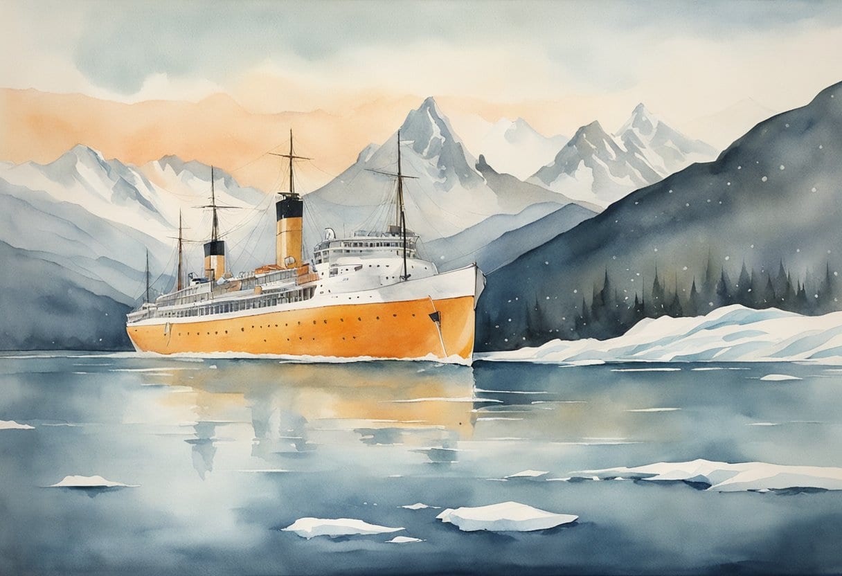 A ship navigating through icy waters, surrounded by towering snow-capped mountains and vast, frozen landscapes