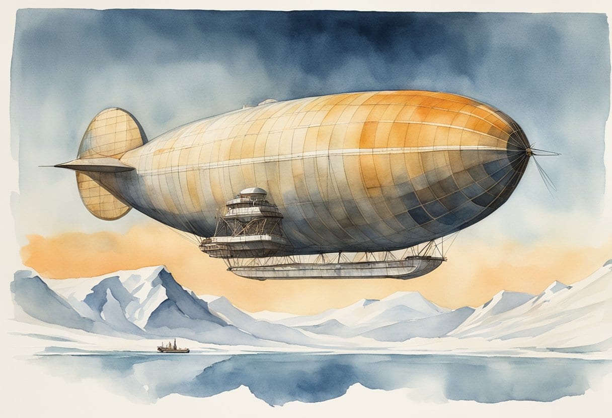 The Norge airship hovers above icy polar terrain, with the South Pole in the distance