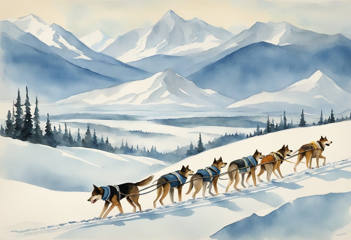 A lone sled dog team pulls a sled across a vast, icy landscape, surrounded by towering snow-covered mountains and a clear, blue sky