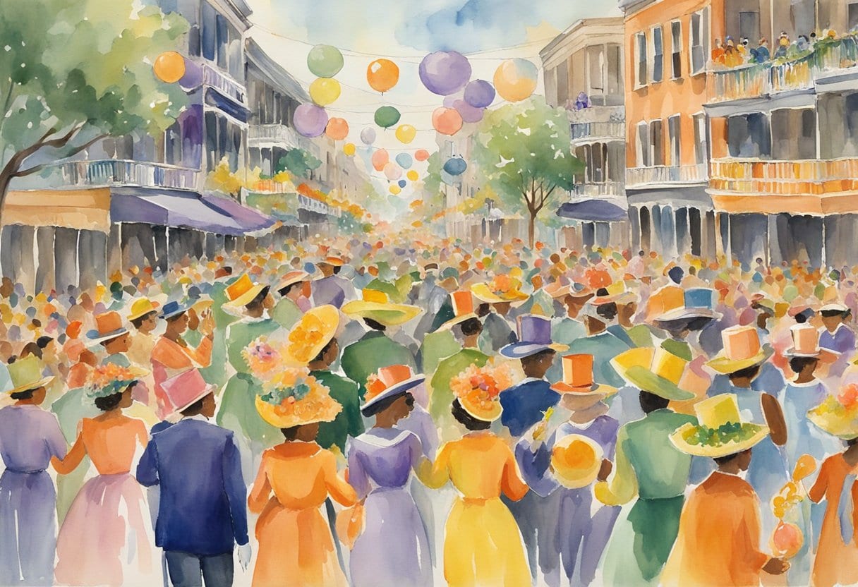 Colorful floats parade down the streets, with vibrant costumes, masks, and beads adorning the crowd. Festive music fills the air as people celebrate the Rex Organization Mardi Gras in New Orleans