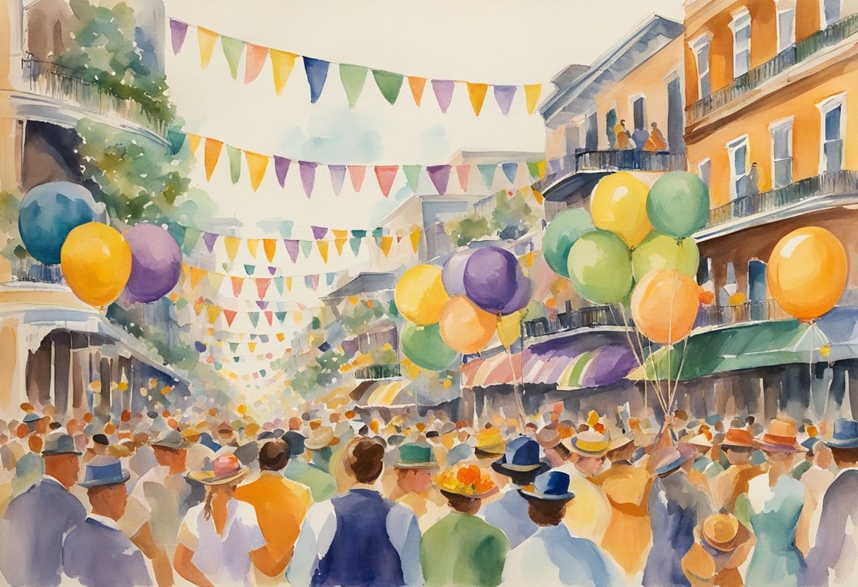 Colorful floats parade through the streets, adorned with vibrant decorations and lively music, as crowds celebrate the annual Mardi Gras festival in New Orleans