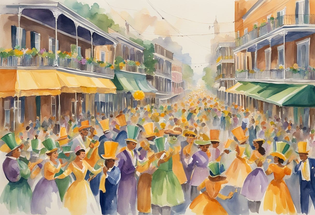 A lively Mardi Gras parade fills the streets of New Orleans with colorful floats, traditional Cajun and Creole cuisine, and festive Carnival traditions
