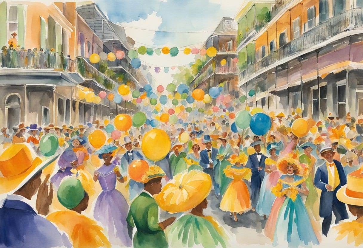 Colorful floats parade down the streets of New Orleans, with vibrant costumes and masks, as crowds cheer and dance to lively music during the Mardi Gras festival