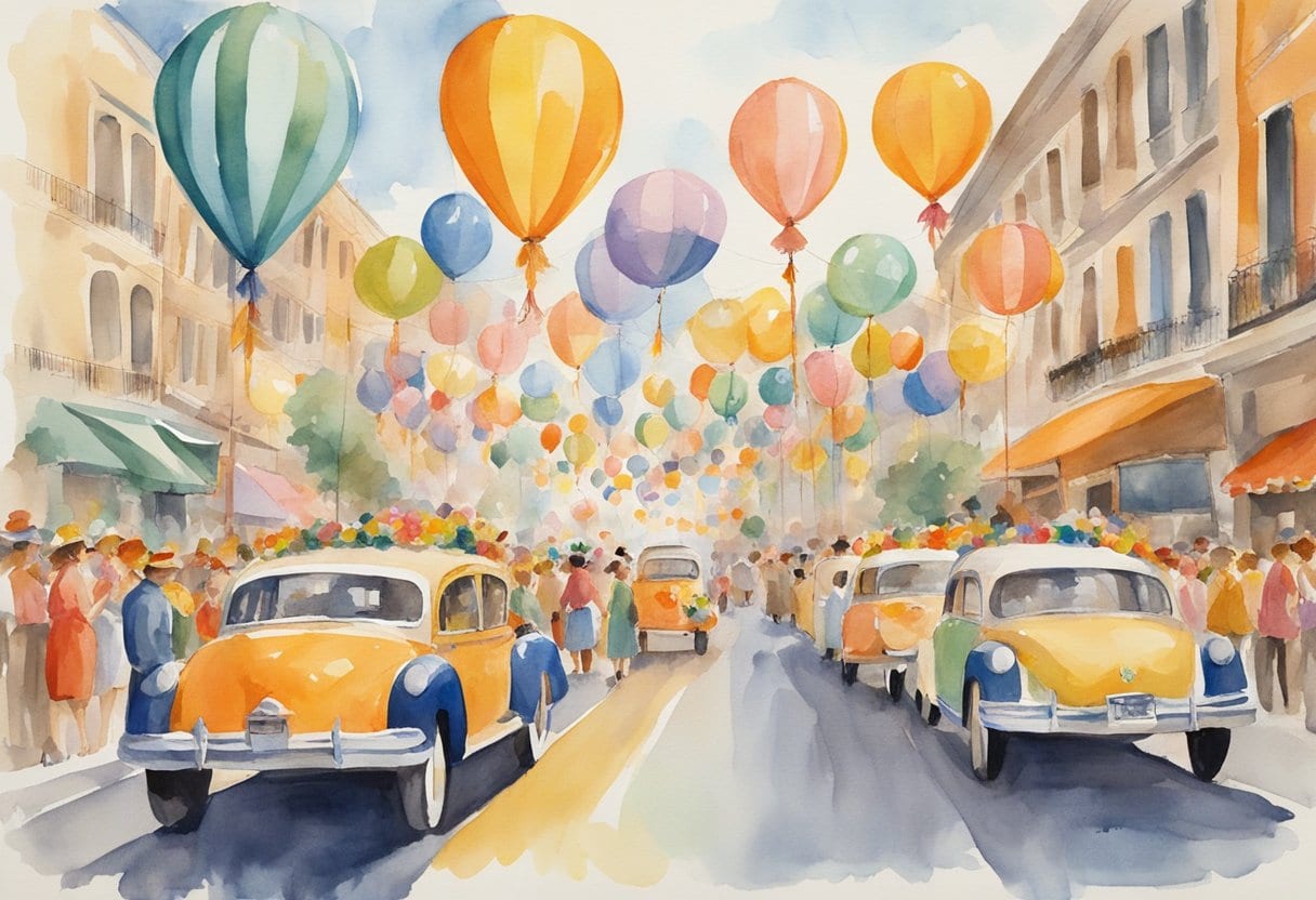 Colorful floats parade through the streets, adorned with vibrant decorations and lively music fills the air as people celebrate Carnival traditions around the world