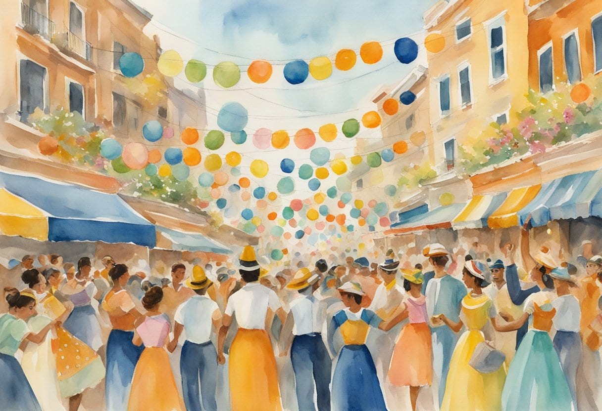 Colorful floats, adorned with masks and beads, wind through crowded streets. Music fills the air as people dance and celebrate Carnival traditions