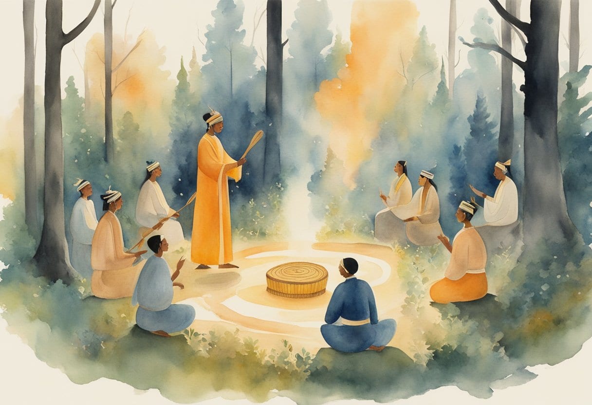 A shamanic drumming ceremony in a forest clearing, with a figure surrounded by swirling energy and connecting with the spiritual realm