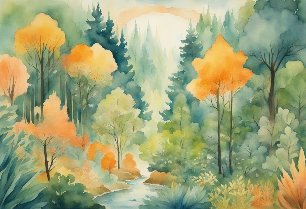 A shamanic journey through a lush forest, guided by the sacred plant medicine, with the spiritual realms depicted in the form of vibrant, otherworldly landscapes