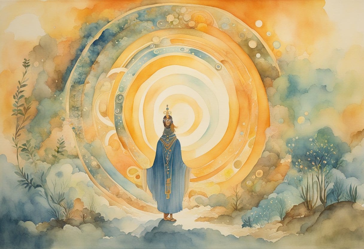 A shamanic journey through a vibrant spiritual realm, surrounded by swirling energy and ancient healing rituals