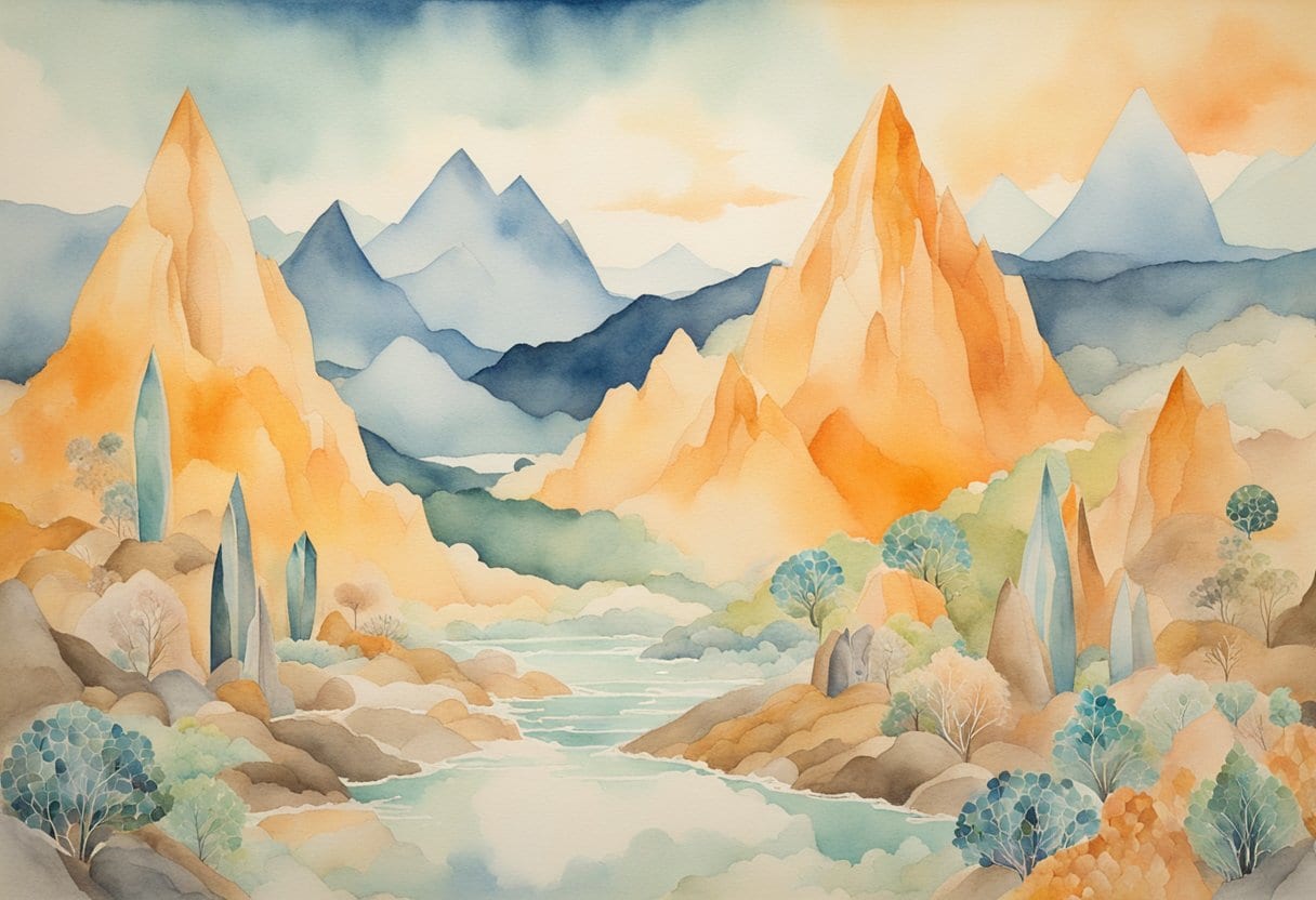 A shamanic journey through a mystical landscape, surrounded by vibrant crystals and connecting with spiritual realms