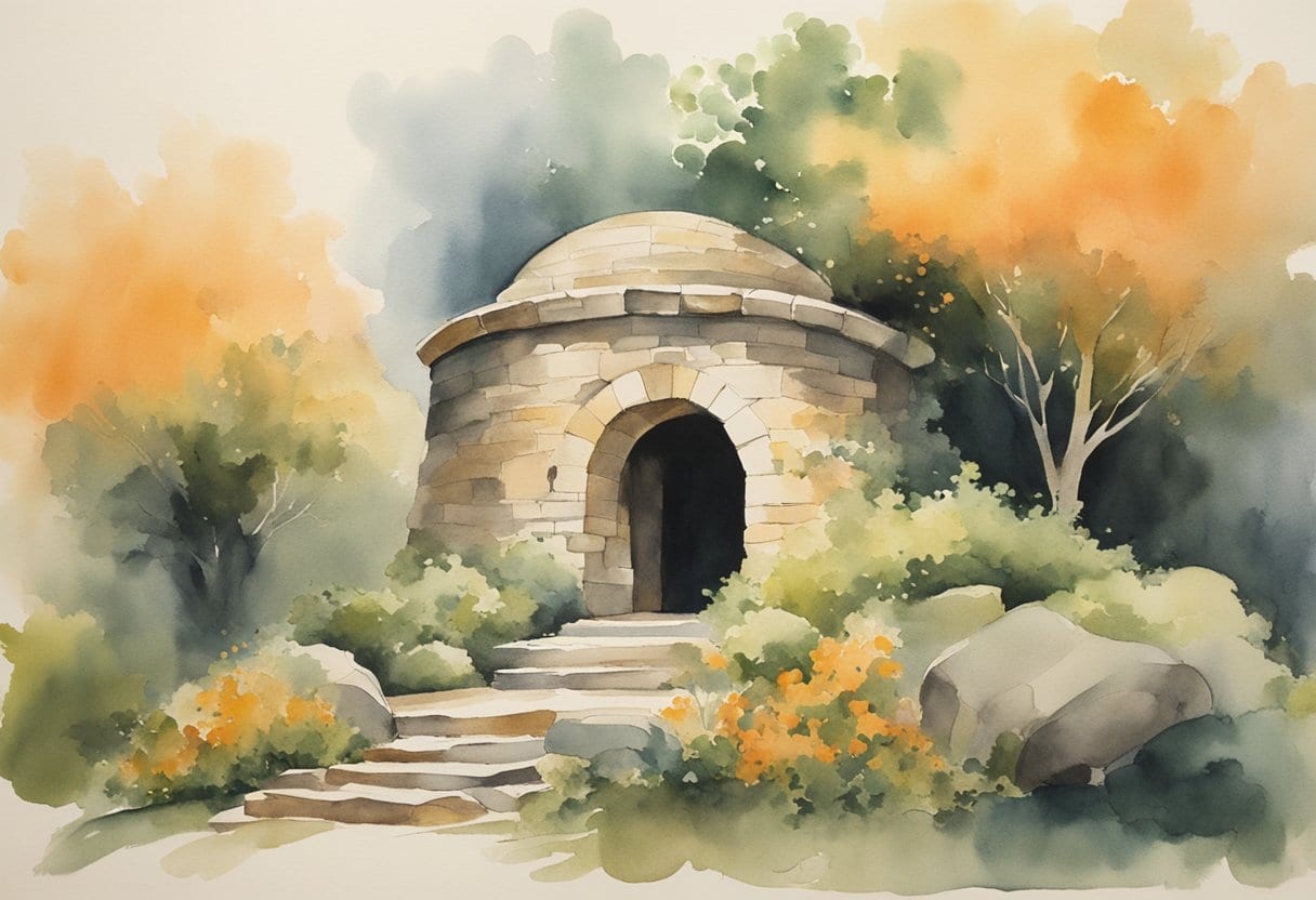 A stone structure with a low, rounded entrance, surrounded by lush greenery, emitting steam
