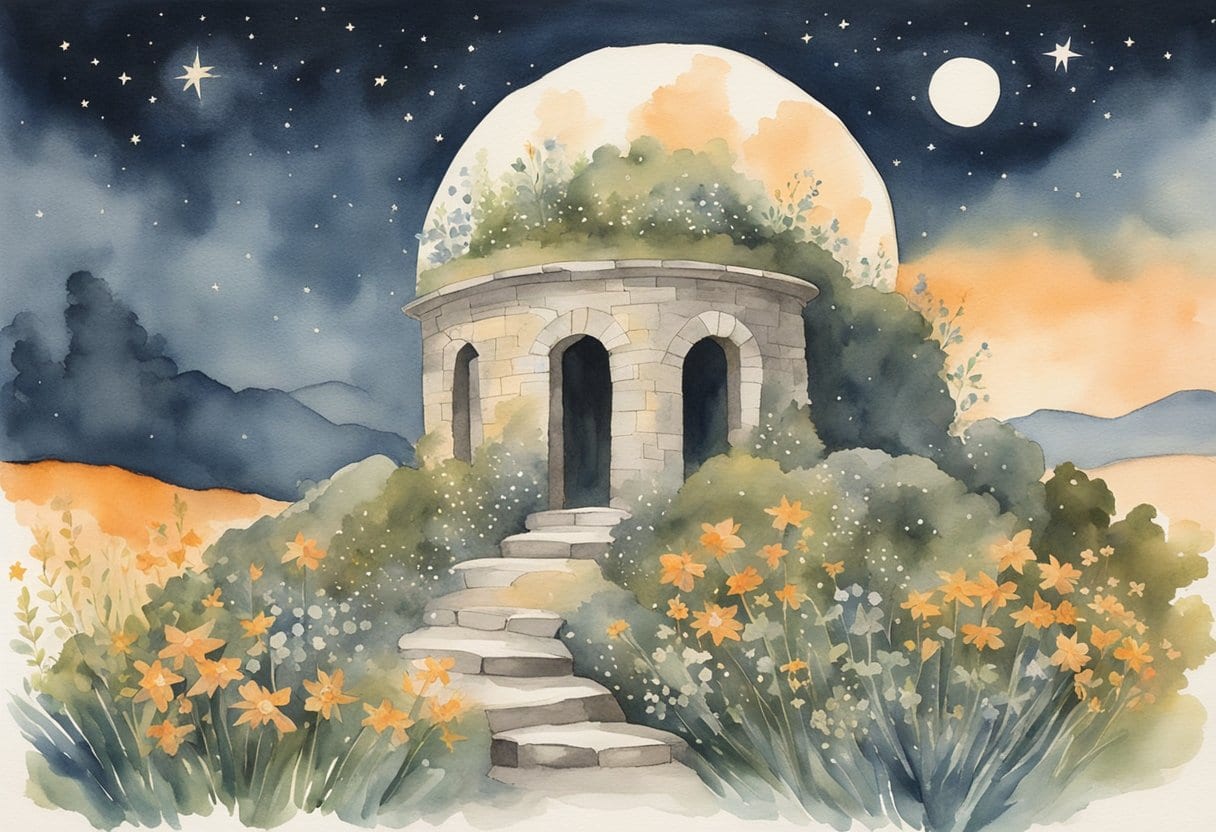 A stone structure with steam rising, surrounded by herbs and flowers, under a starry night sky