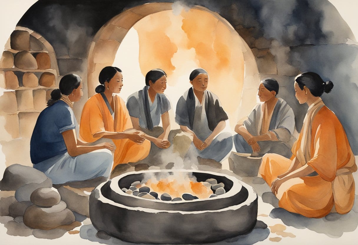A group of people sit inside a dark, steam-filled Temazcal, surrounded by hot stones. The air is thick with the scent of herbs as they participate in a traditional purification ritual