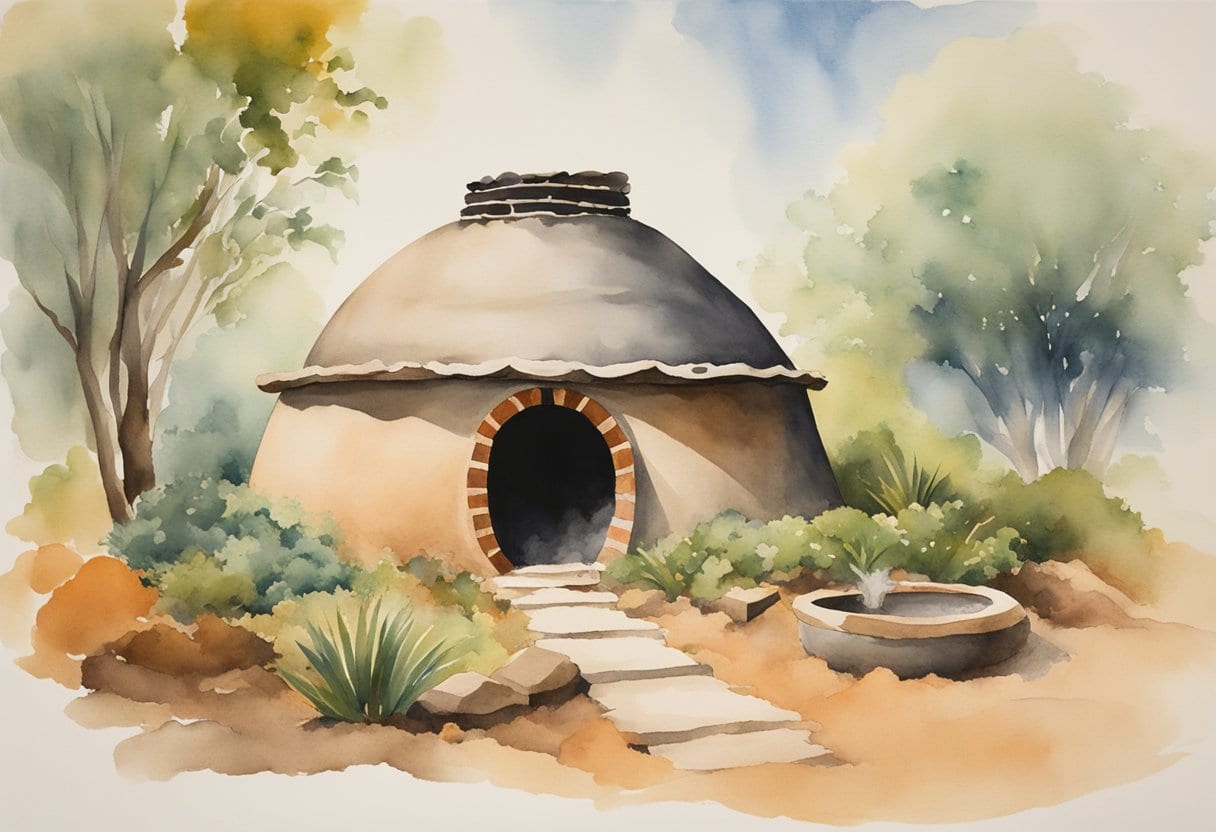 A temazcal, surrounded by greenery, with steam rising from the earth, representing the cultural significance of the Mexican sweat lodge purification ritual