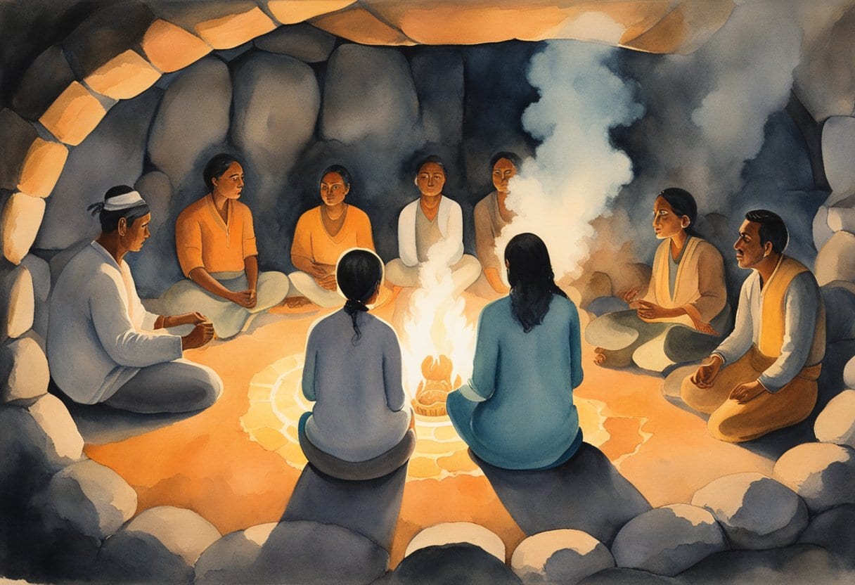 A group of people sit inside a dark, steam-filled Mexican sweat lodge, undergoing a purification ritual known as Temazcal. The glowing hot stones in the center create an intense, transformative atmosphere