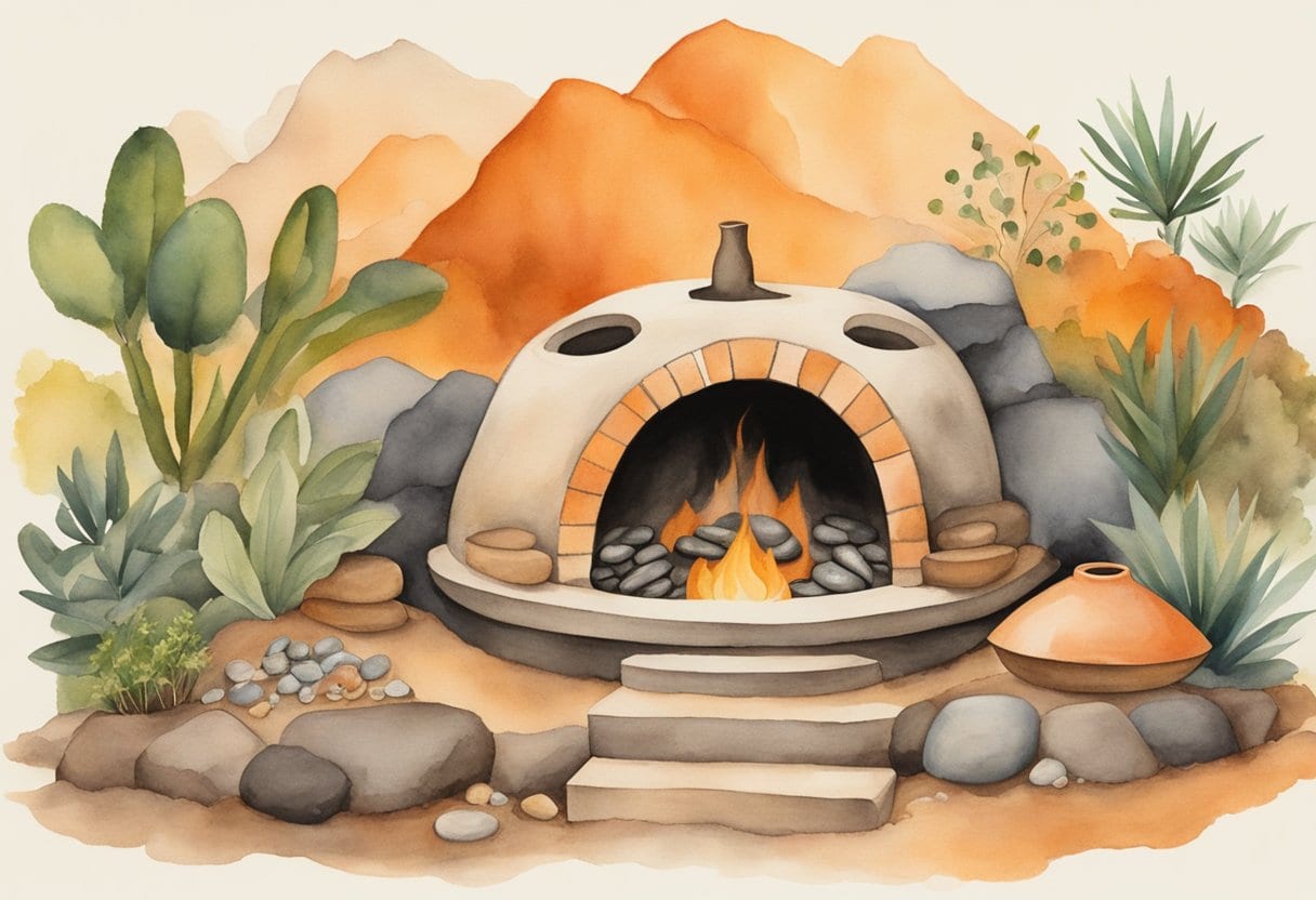 A traditional Mexican Temazcal, with hot stones, steam, and herbs, surrounded by earth and fire elements