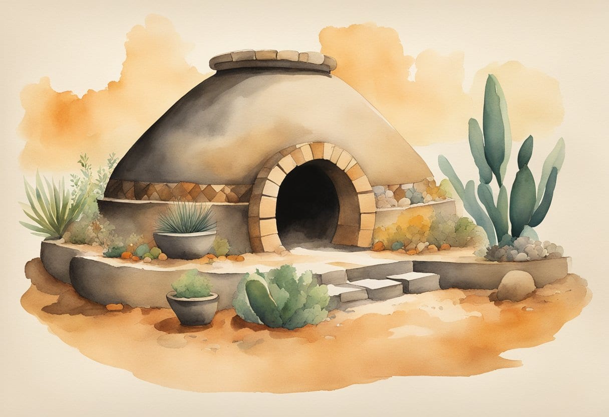 A traditional Mexican temazcal, with a low, rounded structure made of stone or adobe, surrounded by herbs and steam rising from the earth