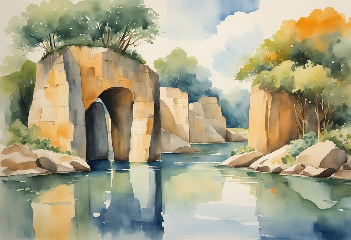 Megalithic structures rise from the water, connected by narrow canals, surrounded by lush greenery and clear blue skies