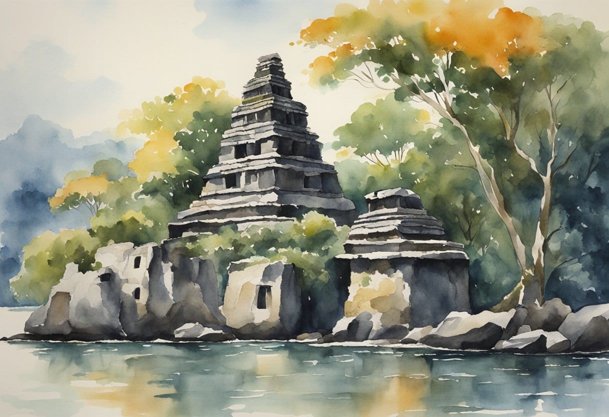 Ancient stone structures of Nan Madol rise from the tranquil waters, resembling a Pacific Venice. The megalithic buildings stand as a testament to the island's rich history