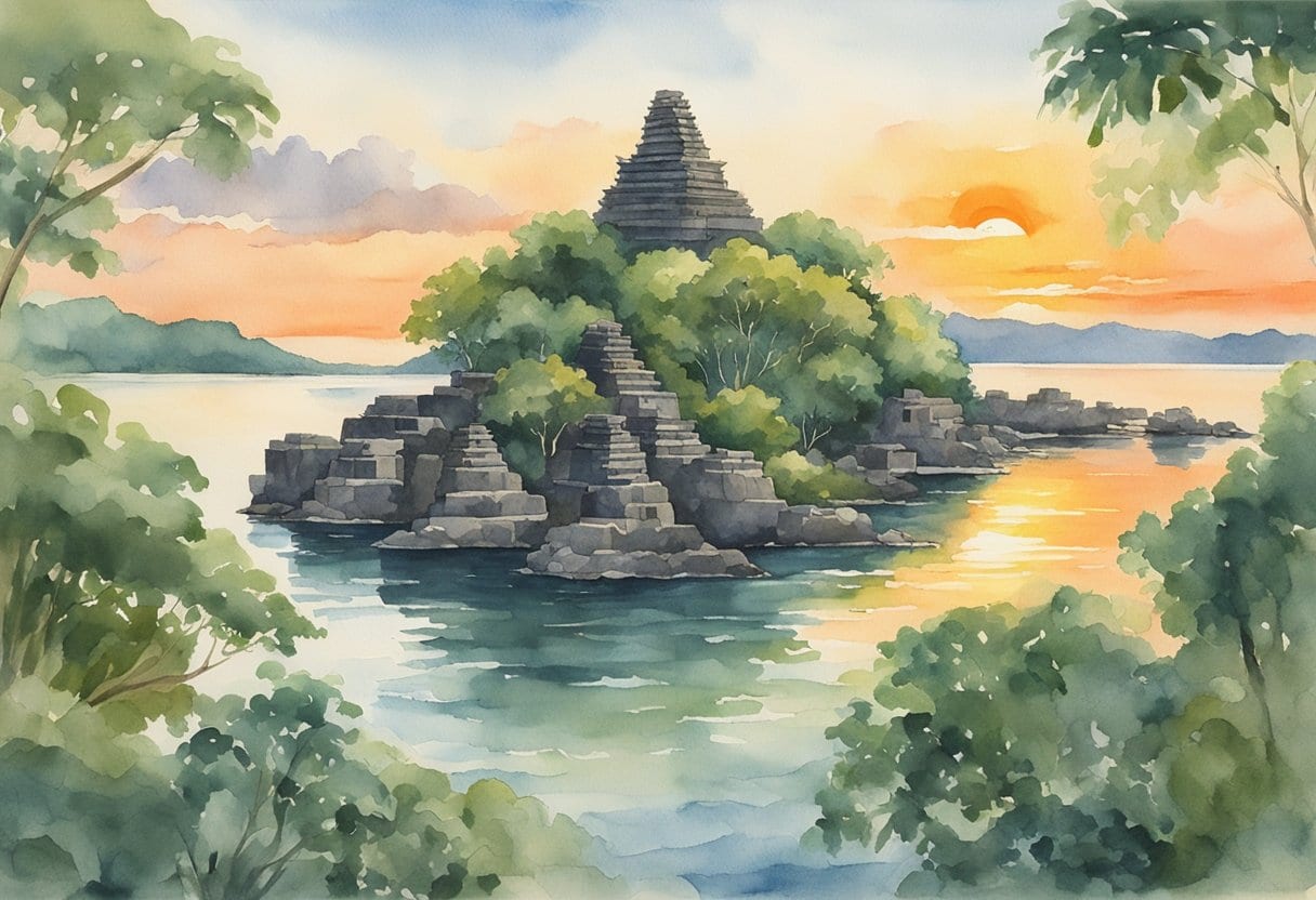 Aerial view of Nan Madol's interconnected stone structures rising from the water, surrounded by lush greenery and set against a vibrant Pacific sunset