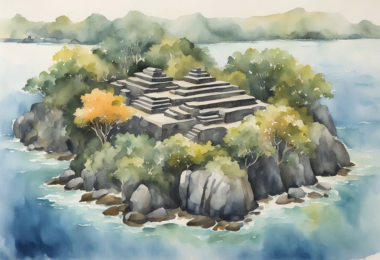 An aerial view of Nan Madol, with its interconnected megalithic structures rising from the water, resembling a Pacific Venice