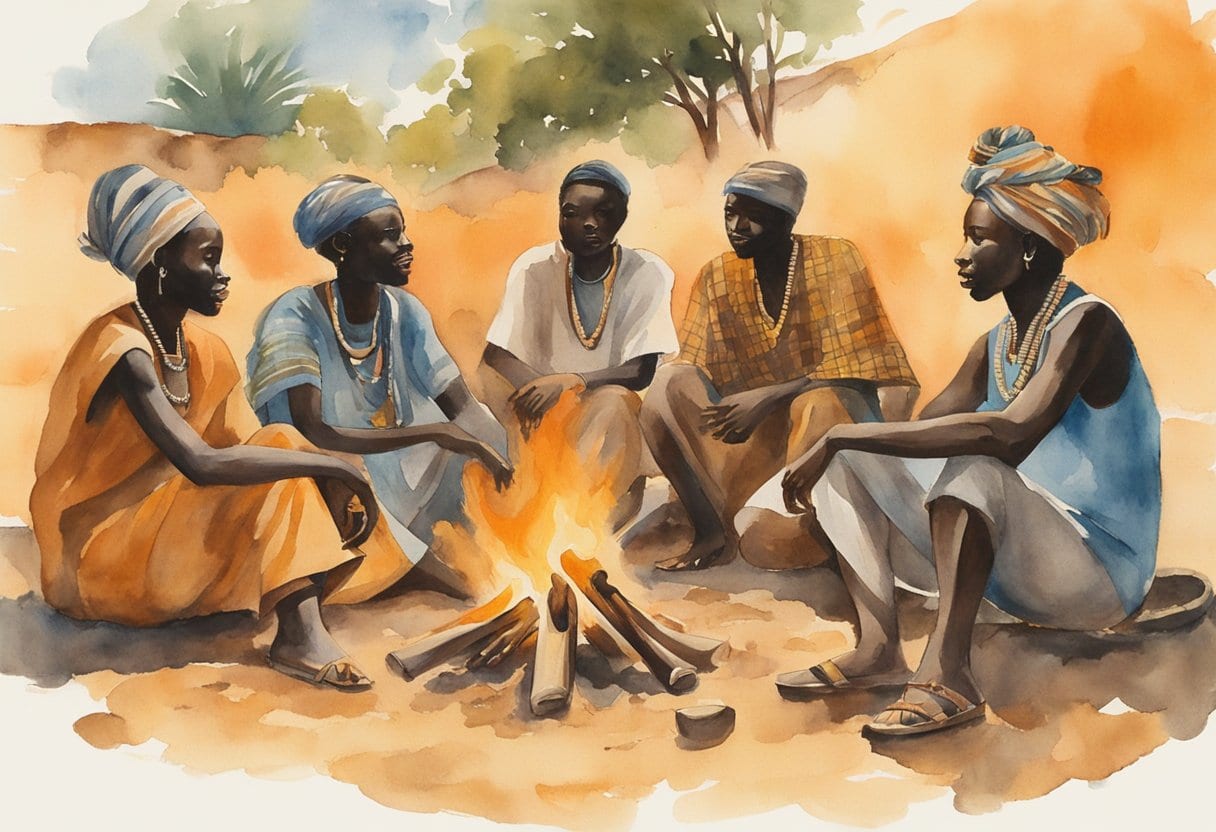 A group of West African Griots gather around a fire, sharing stories and performing traditional music in a vibrant and lively scene
