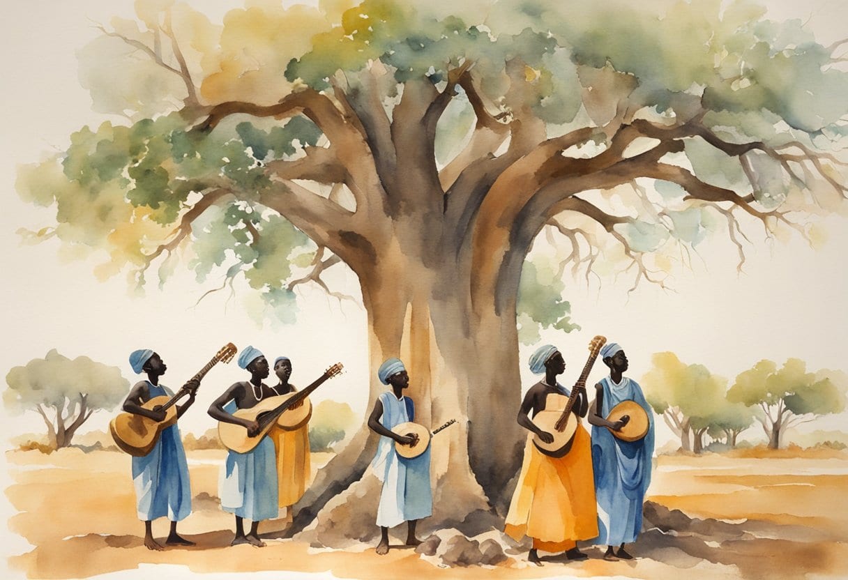 A group of West African Griots gather under a baobab tree, playing traditional instruments and sharing tales of Djelimady Sissoko