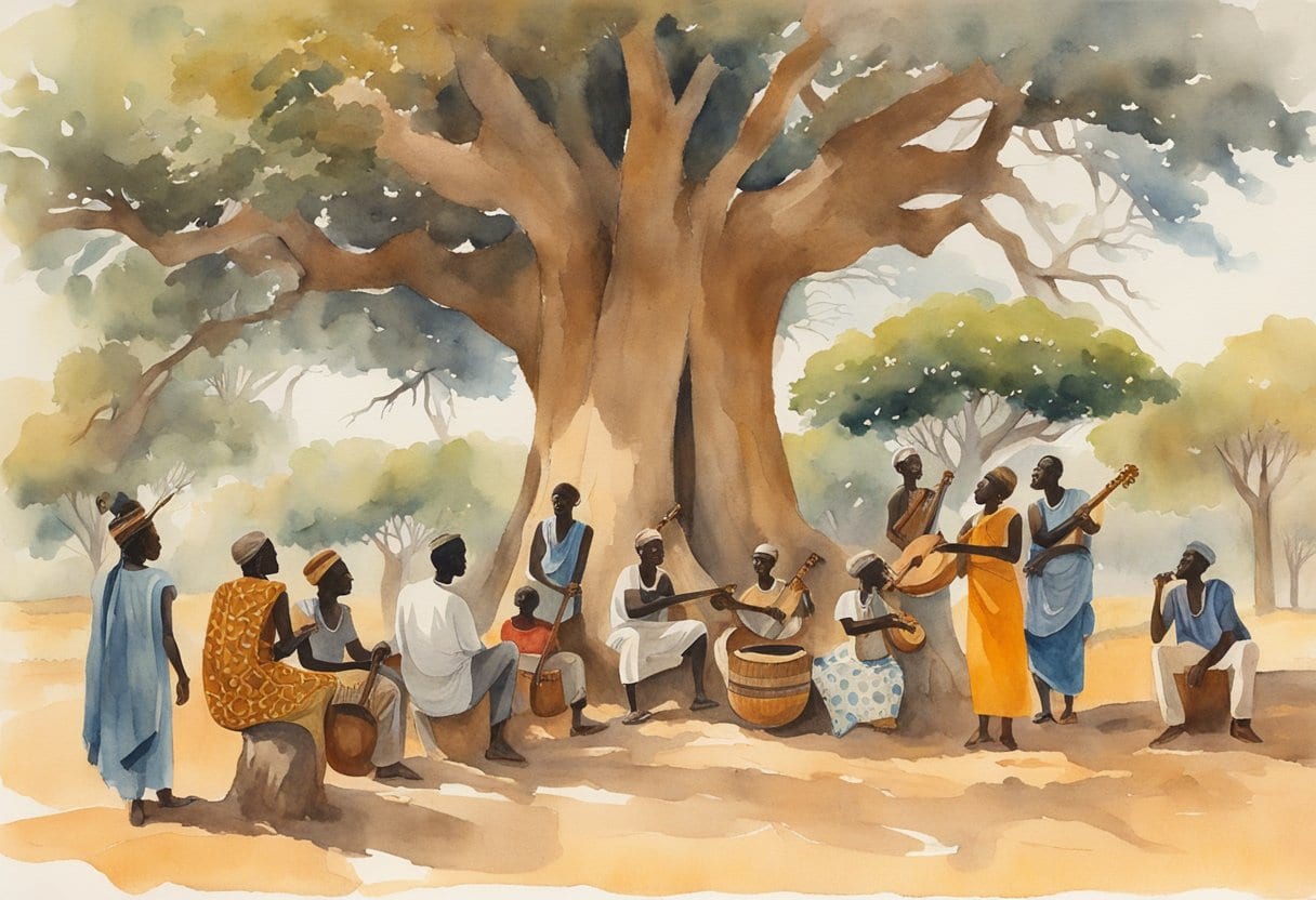 A group of West African Griots gather under a large baobab tree, playing traditional instruments and sharing oral narratives through music and storytelling