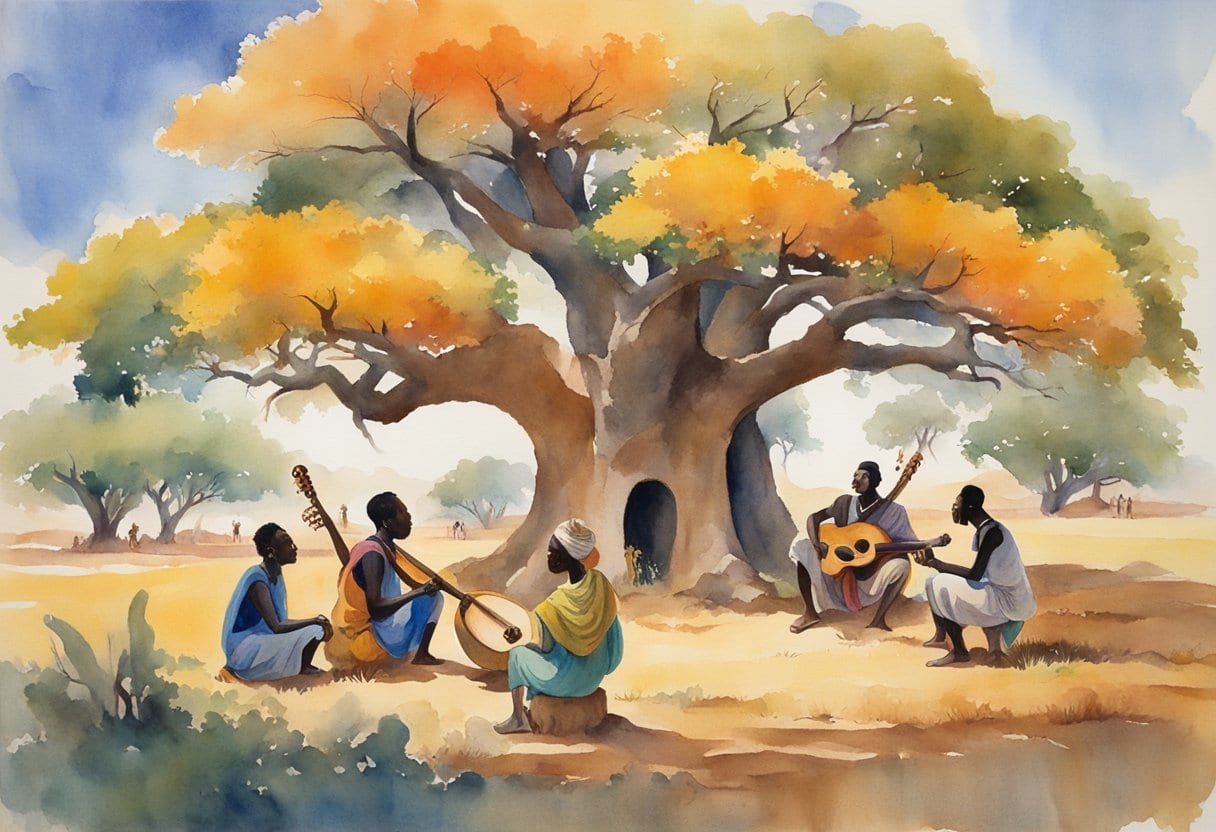 A group of Griots gather under a large baobab tree, playing traditional instruments and singing, while others listen intently, surrounded by the vibrant colors of the West African landscape