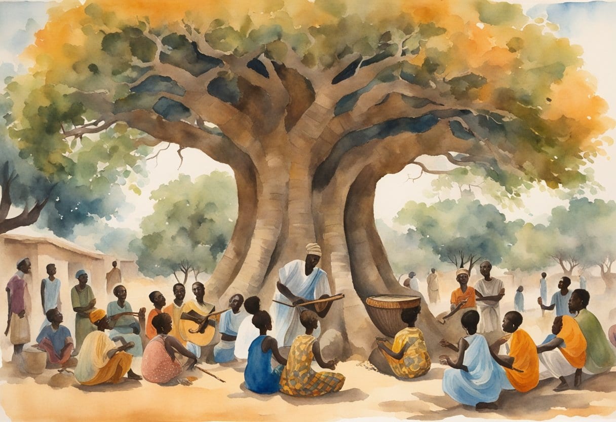A West African Griot playing a kora under a baobab tree, surrounded by villagers listening to the storytelling and musical tradition