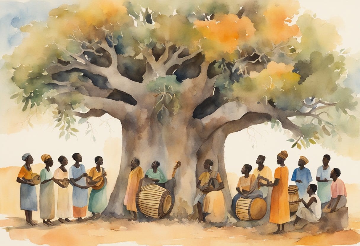 A group of Griots gather under a large baobab tree, playing traditional West African instruments and singing ancient oral histories