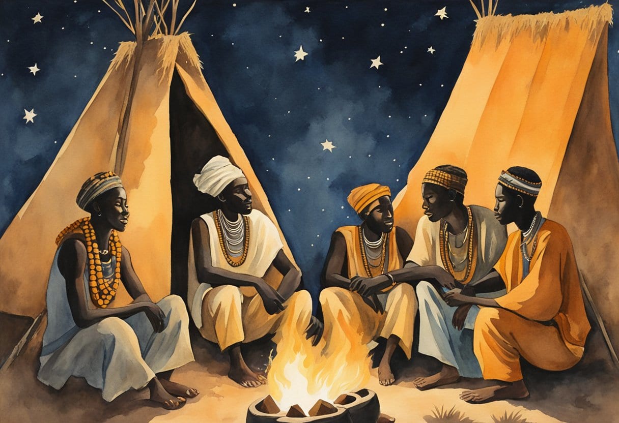 A group of West African Griots gather around a fire, sharing stories and playing traditional musical instruments under the starry night sky