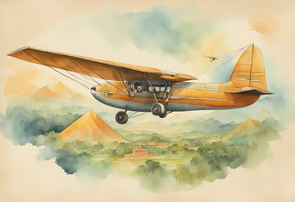 An ancient Vimana aircraft flying over a Hindu scripture-filled landscape