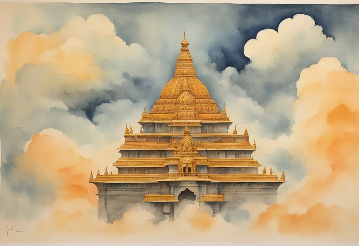 A majestic Vimana from Hindu scriptures soaring through the clouds