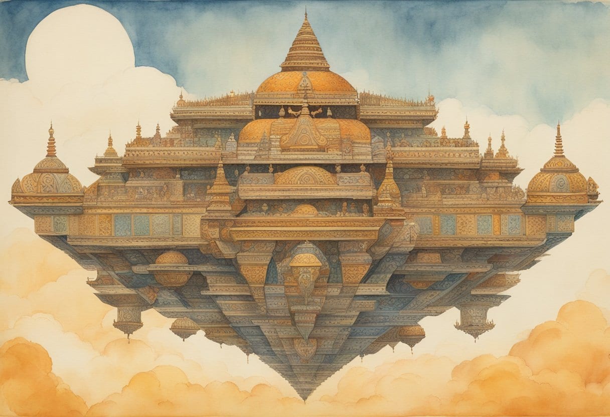 A Vimana hovers in the sky, adorned with intricate Hindu symbols and designs, resembling an ancient aircraft from Hindu scriptures