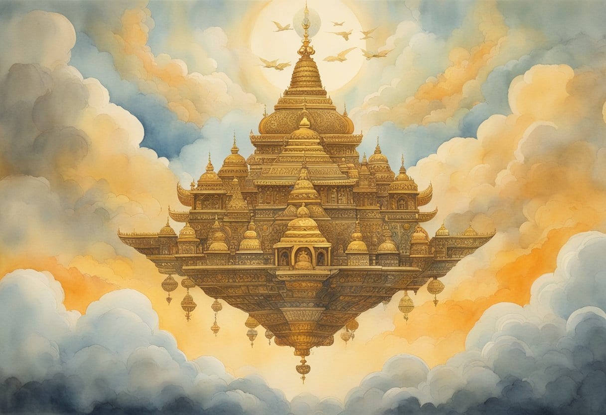 A golden, ornate vimana flies through the clouds, adorned with intricate carvings and symbols from Hindu scriptures