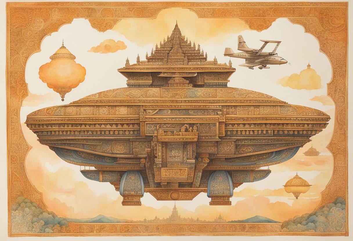 An ancient Vimana aircraft from Hindu scriptures hovers in the sky, adorned with intricate carvings and symbols, emitting a mystical glow