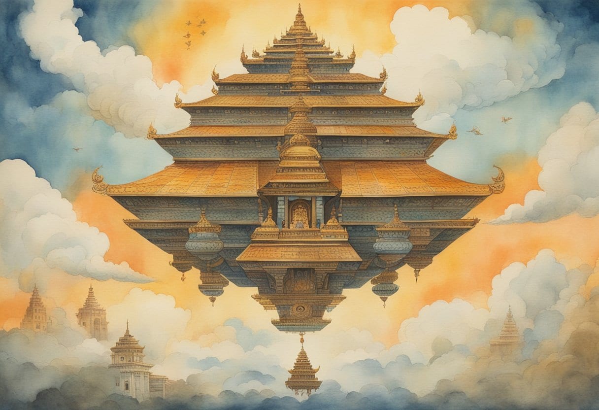 An ancient Vimana flying through the sky, adorned with intricate Hindu scriptures and symbols