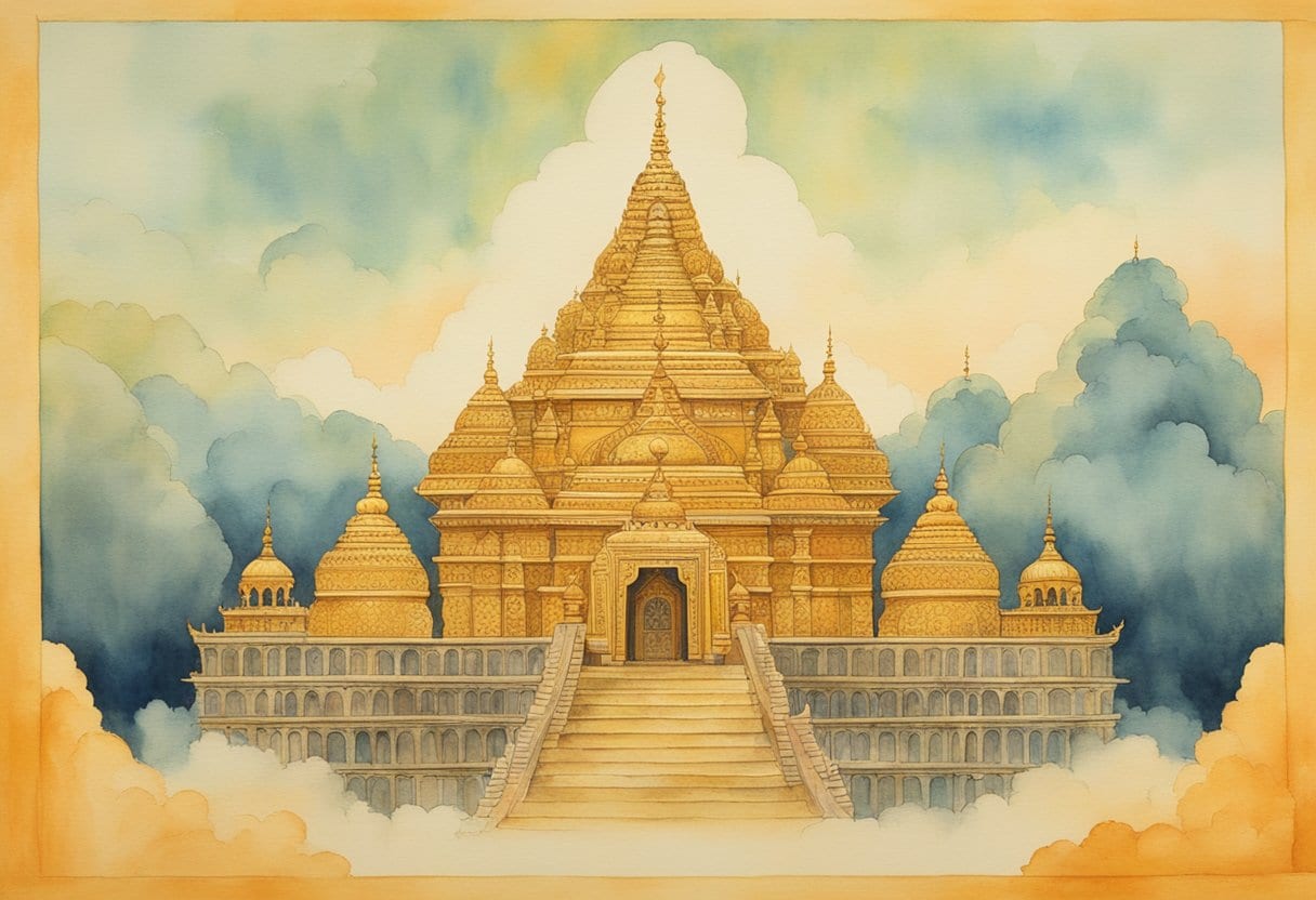 A golden, ornate Vimana hovers in the sky, inspired by Hindu scriptures and ancient aircraft