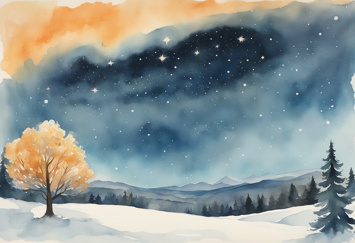 A vast, starry sky above a snowy landscape, with a glowing cosmic creature emerging from the earth