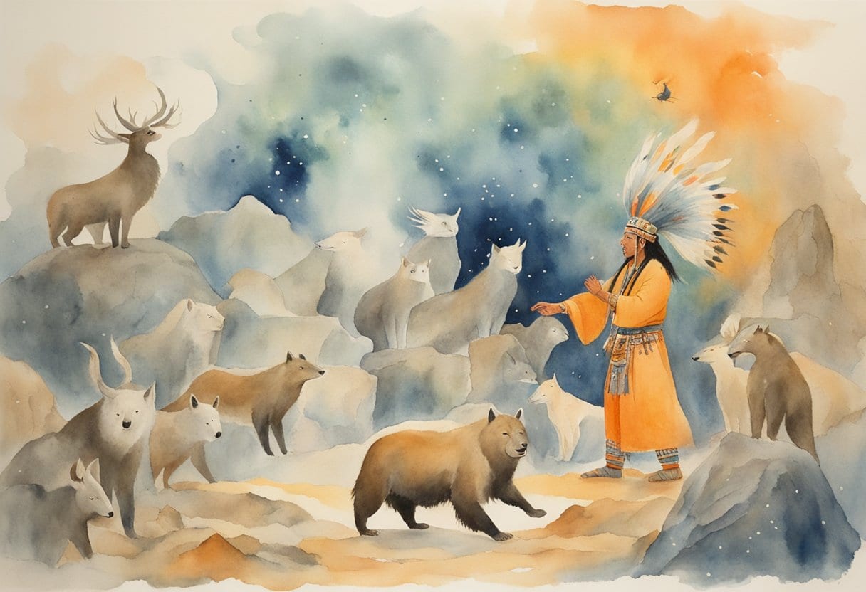 A Koryak shaman surrounded by animal spirits in a cosmic landscape, performing ritualistic gestures