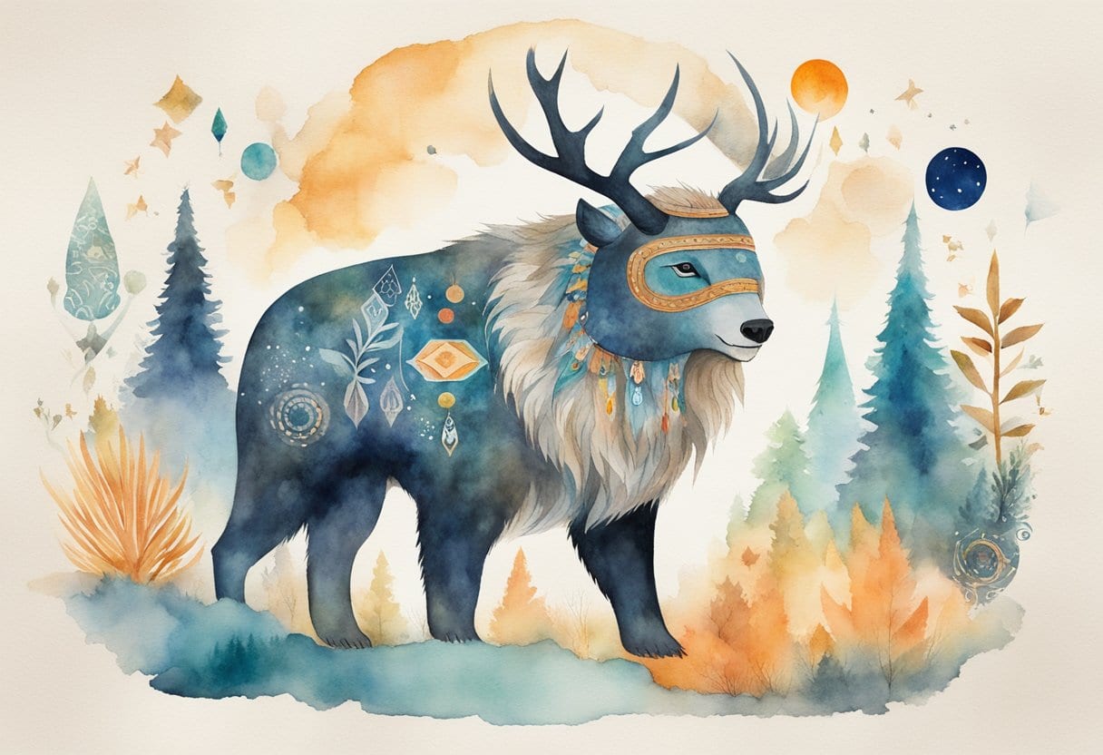 A majestic Koryak spirit animal, surrounded by cosmic symbols and Siberian shamanic elements, emerges from the depths of the forest