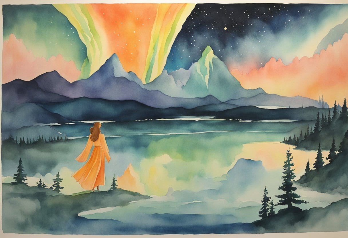 The vibrant colors of the Aurora Borealis dance across the night sky, intertwining with the mystical figures of Koryak mythology and cosmic folktales