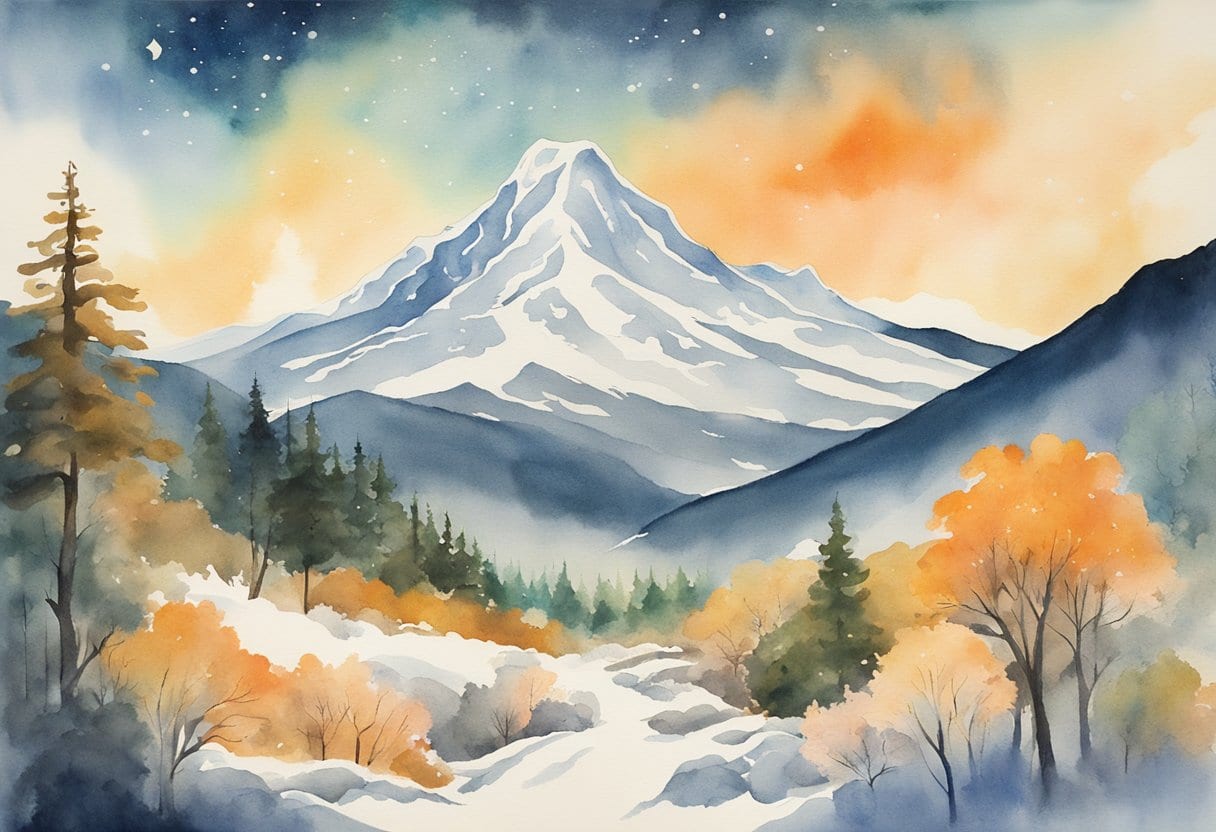 A snow-capped mountain looms over a serene forest, surrounded by swirling cosmic energy and ancient symbols