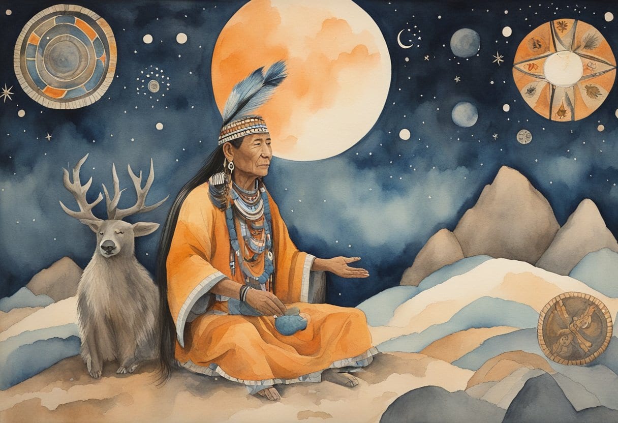 A Koryak shaman performs a ritual under the night sky, surrounded by cosmic symbols and folkloric imagery