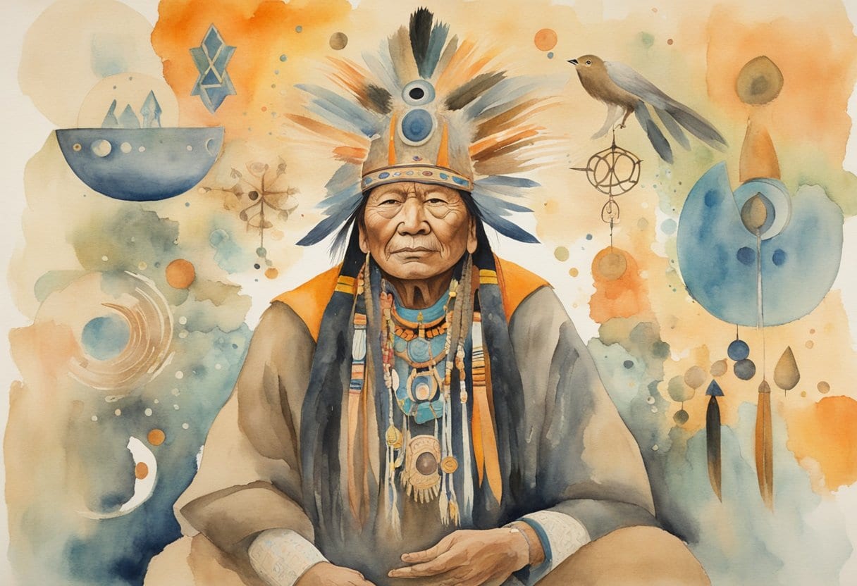 A Koryak shaman surrounded by cosmic symbols and folkloric imagery