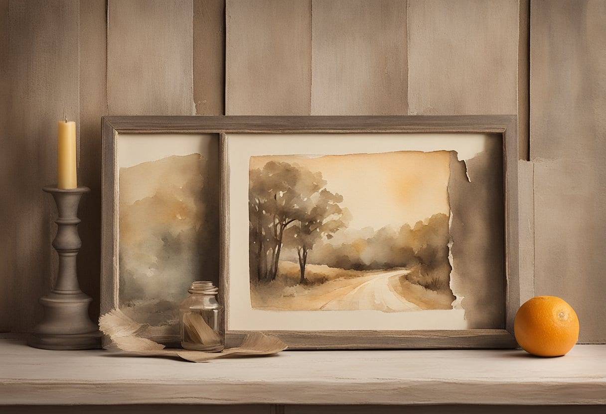 A weathered, sepia-toned photograph lies on a wooden table, faded and torn at the edges. A soft, warm light illuminates the image, highlighting the cherished memories captured within