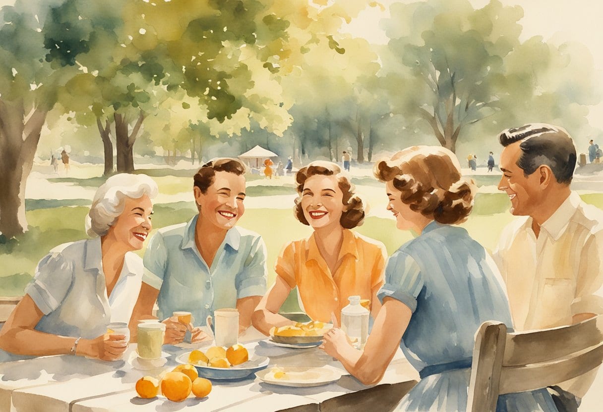 An old, faded photograph of a family gathered around a picnic table in a sunlit park, smiling and laughing together