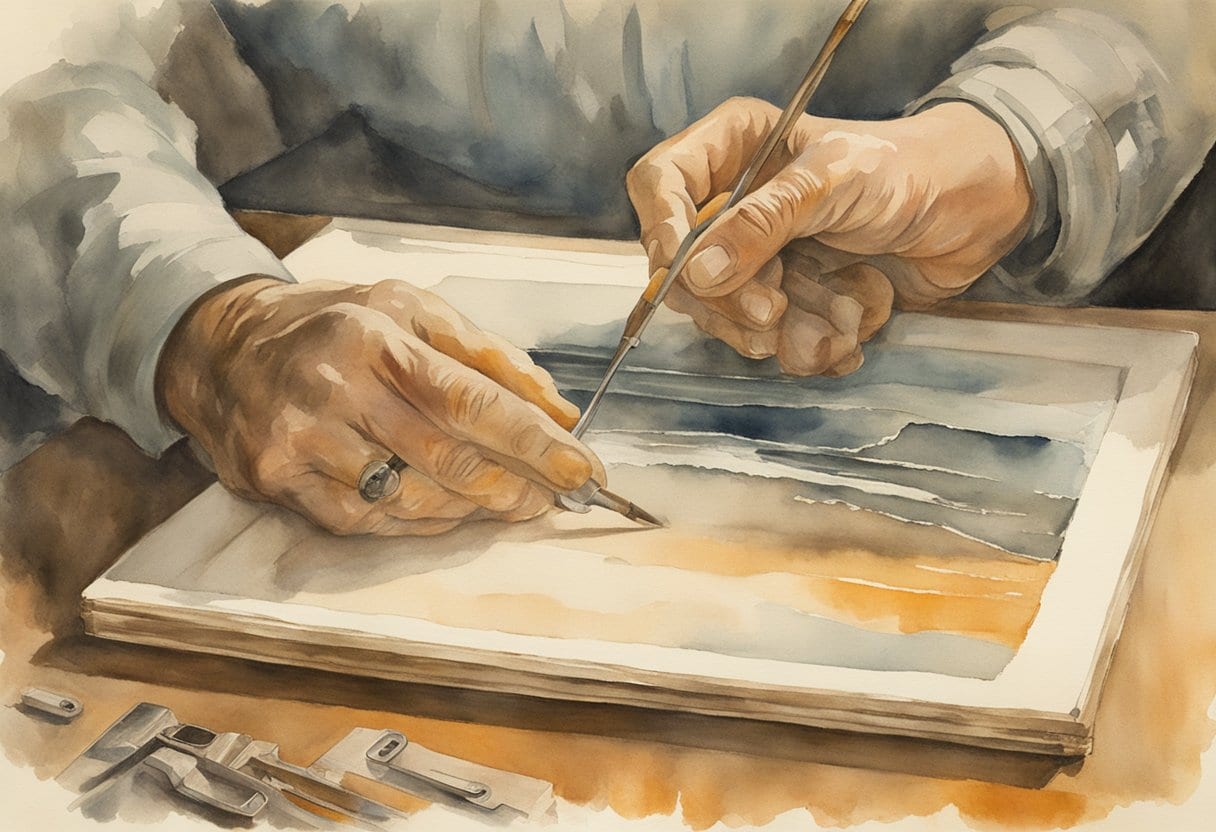 An old, faded photograph being delicately restored by a pair of skilled hands using various tools and techniques