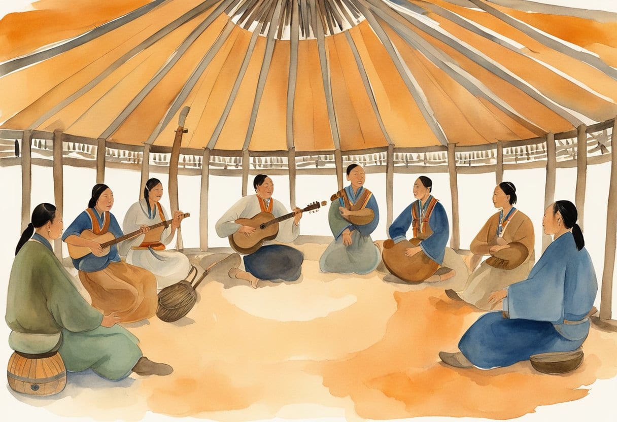 A group of Tuva healers perform throat singing for a singing therapy session in a circular yurt, surrounded by traditional instruments and healing herbs